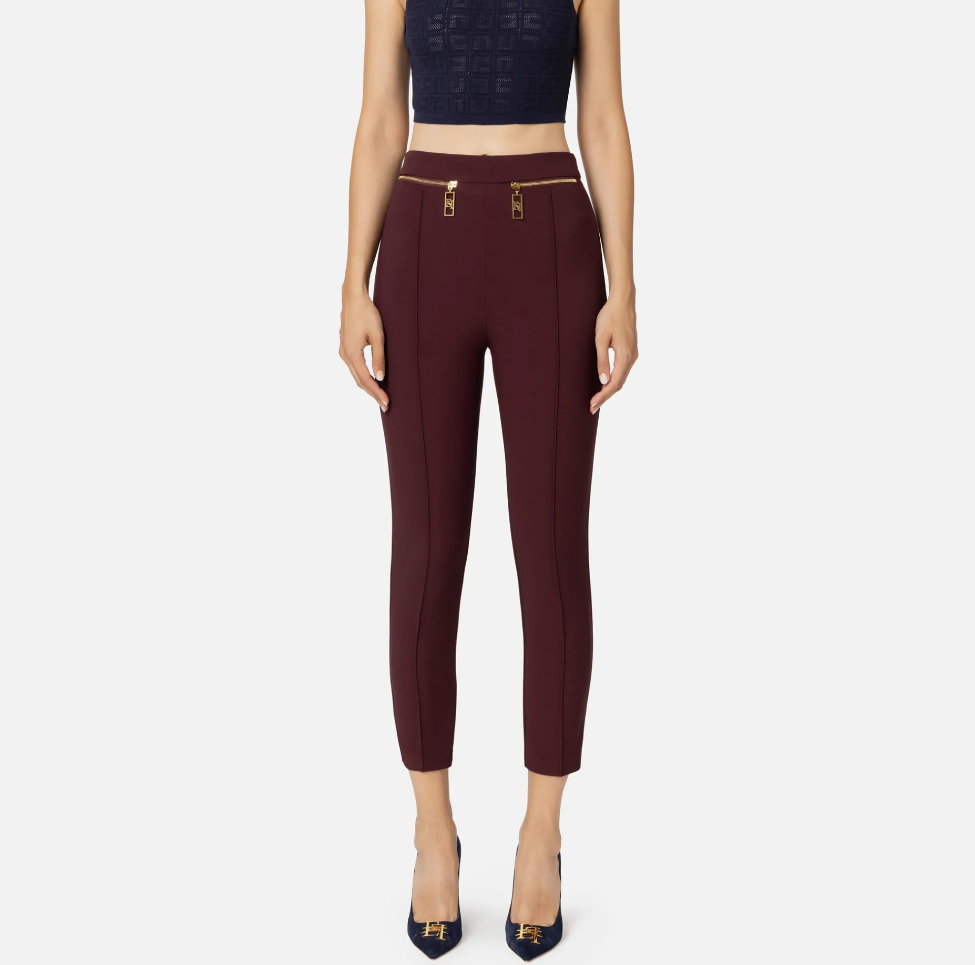 Elisabetta Franchi Trousers And Shorts|Tailleur|Straight trousers in crêpe fabric with zip RougeNoir