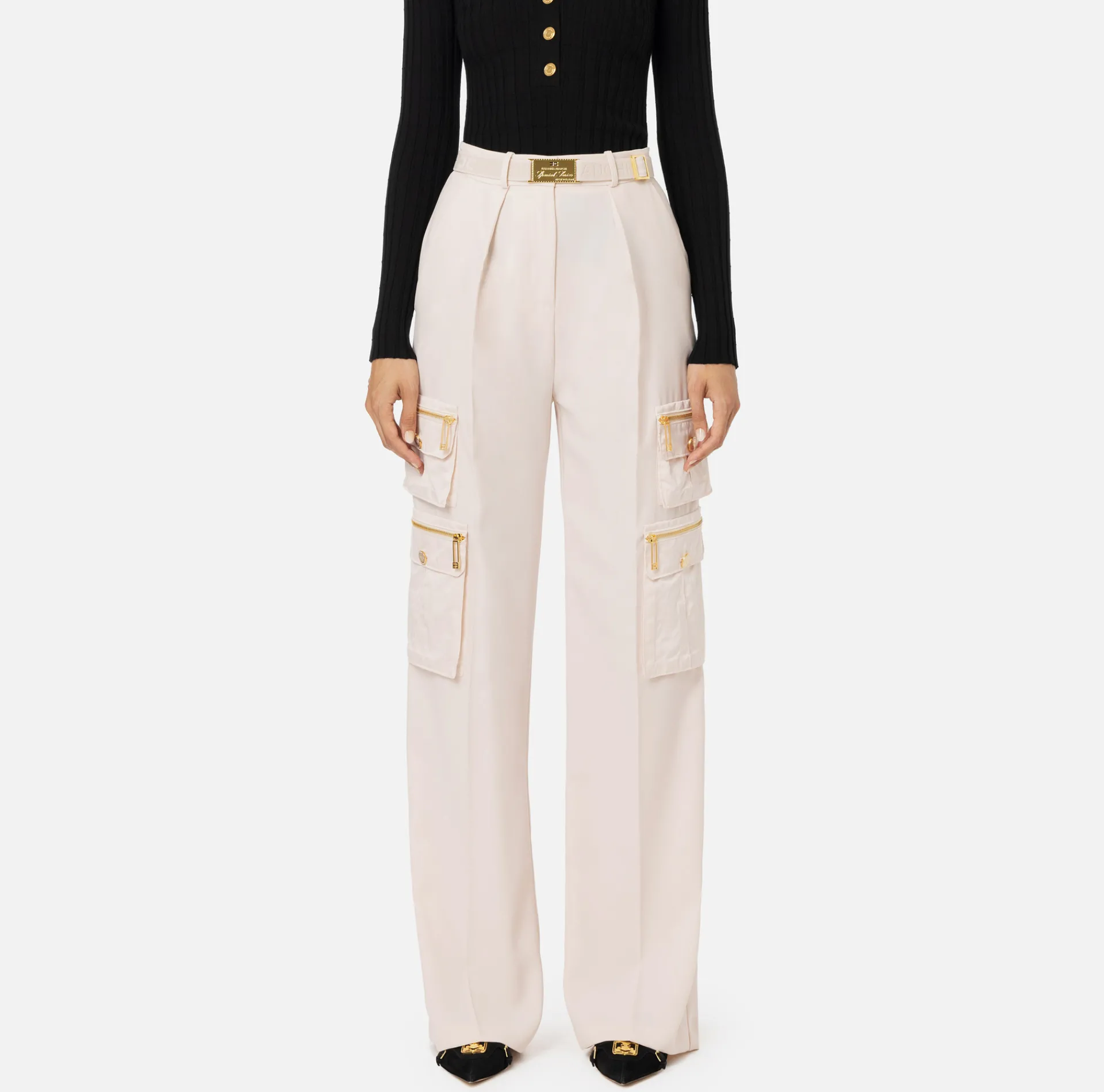 Elisabetta Franchi Trousers And Shorts|Straight trousers in crêpe fabric with pockets and belt Latex