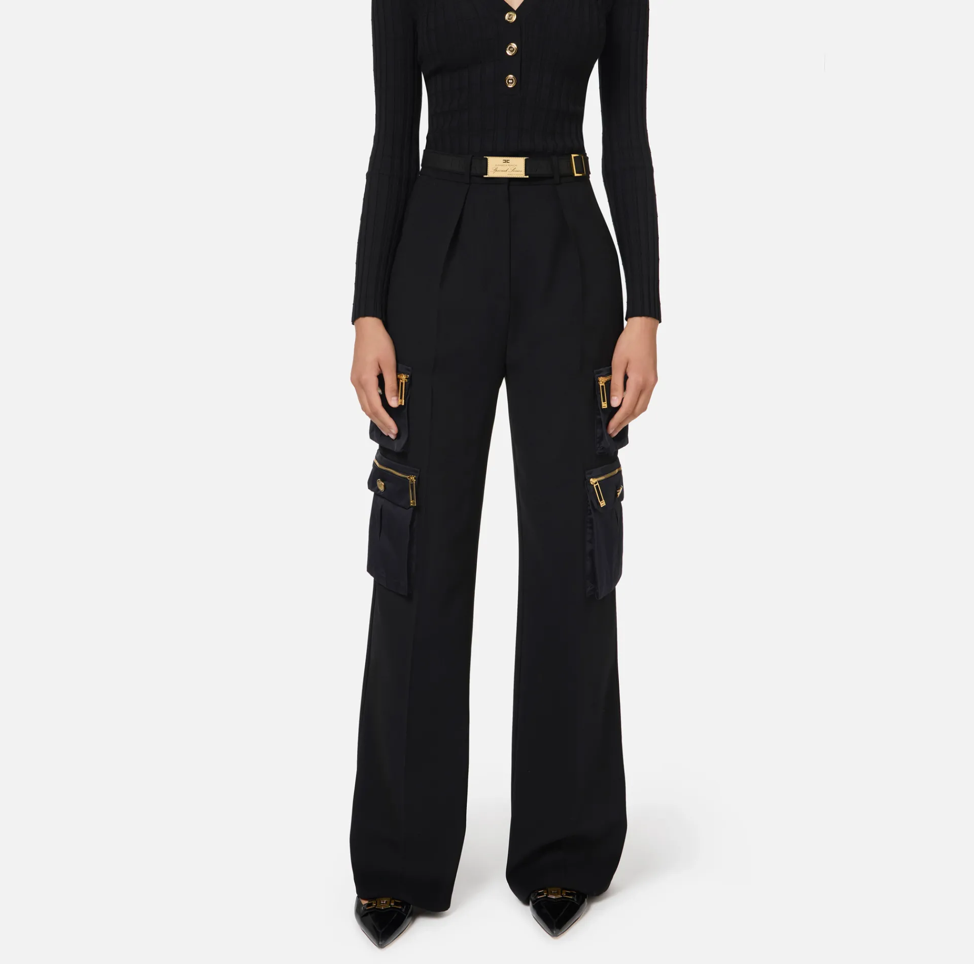 Elisabetta Franchi Trousers And Shorts|Straight trousers in crêpe fabric with pockets and belt Black