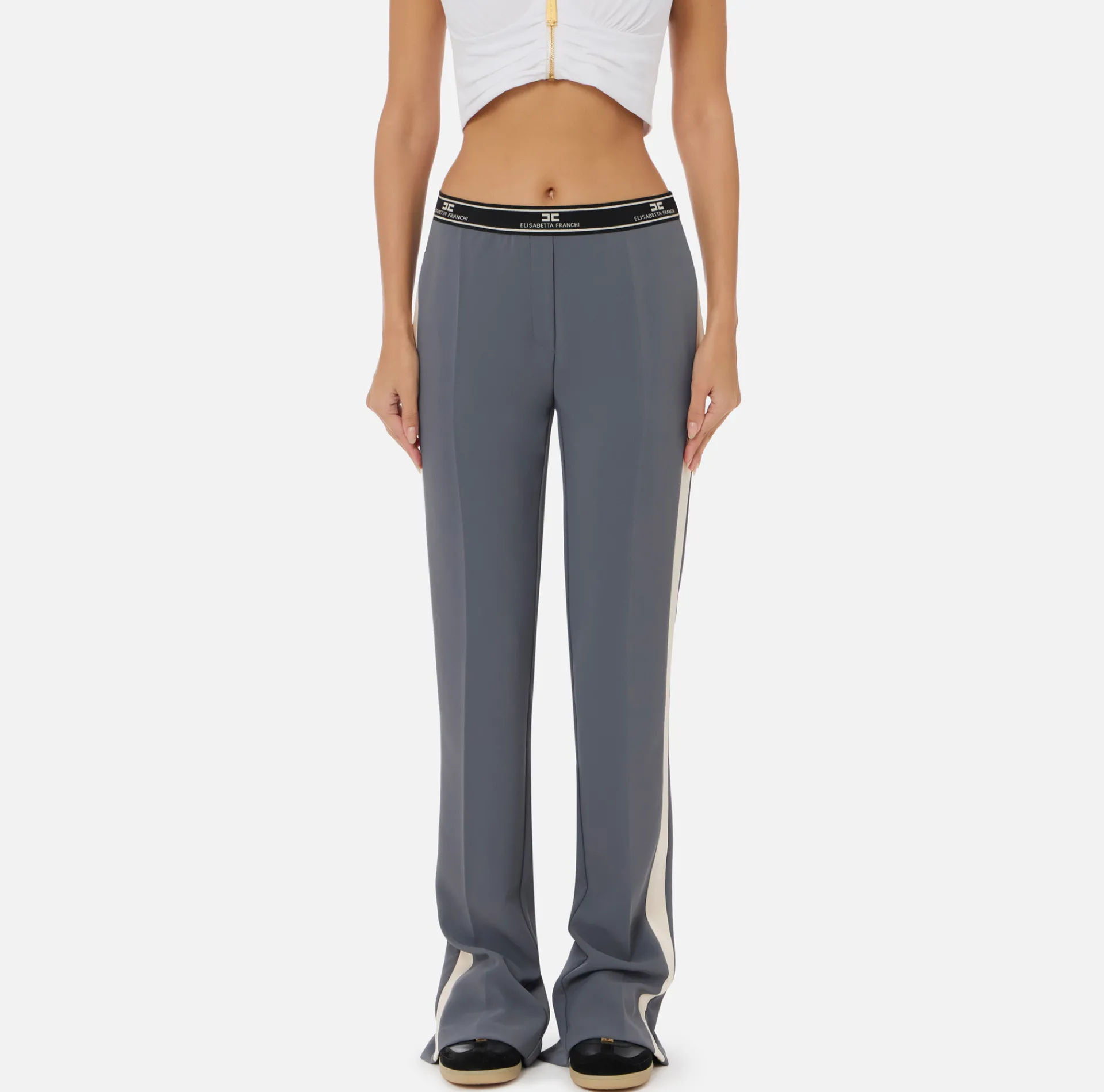 Elisabetta Franchi Trousers And Shorts|Straight trousers in crêpe fabric with side band Steel