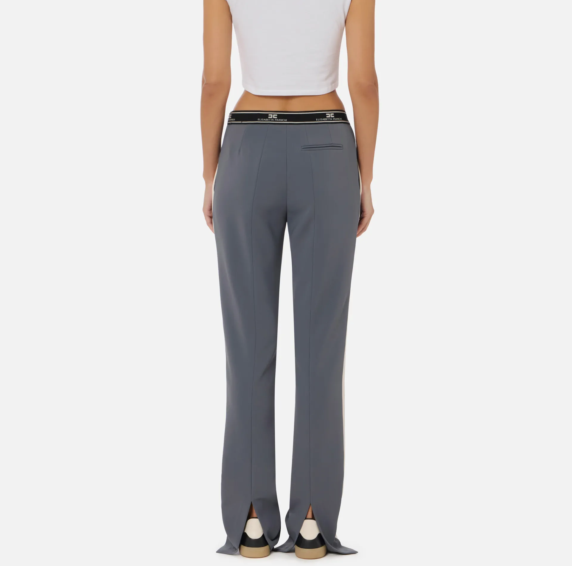 Elisabetta Franchi Trousers And Shorts|Straight trousers in crêpe fabric with side band Steel