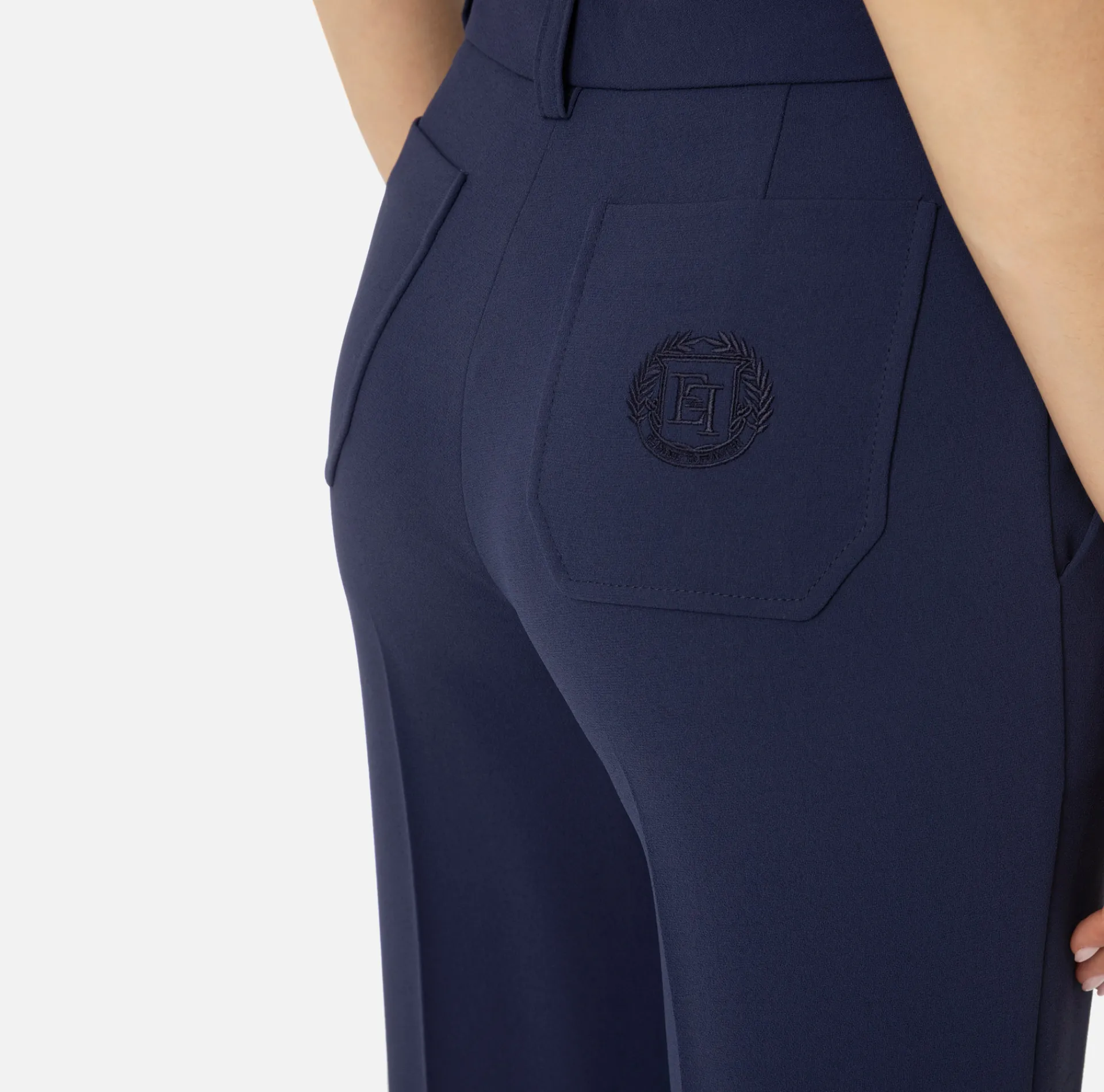 Elisabetta Franchi Trousers And Shorts|Straight trousers in crêpe fabric with emblem embroidery Navy