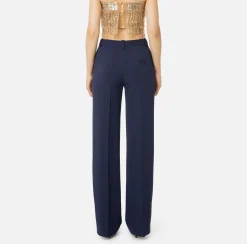 Elisabetta Franchi Trousers And Shorts|Straight trousers in crêpe fabric with emblem embroidery Navy