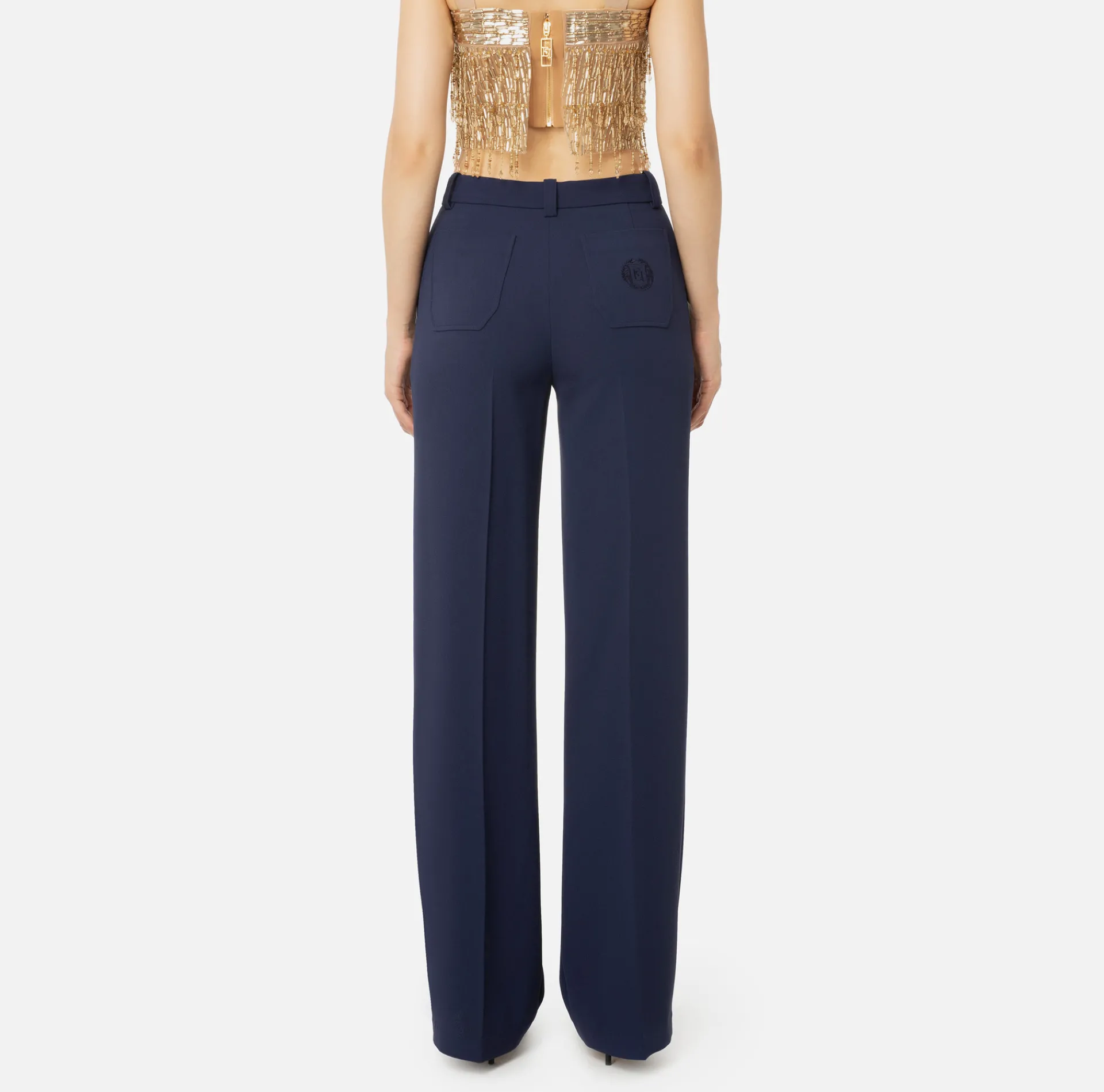 Elisabetta Franchi Trousers And Shorts|Straight trousers in crêpe fabric with emblem embroidery Navy