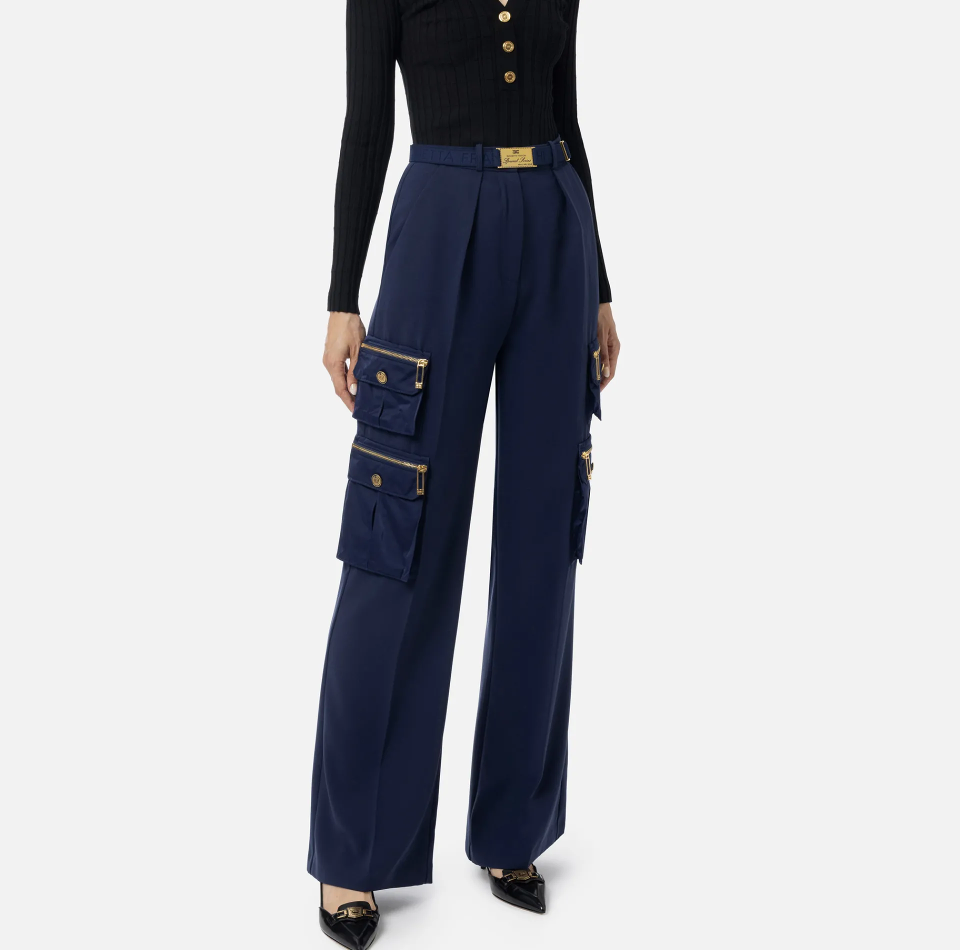 Elisabetta Franchi Trousers And Shorts|Straight trousers in crêpe fabric with pockets and belt Navy