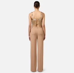 Elisabetta Franchi Trousers And Shorts|Straight trousers in crêpe fabric with emblem embroidery Camel