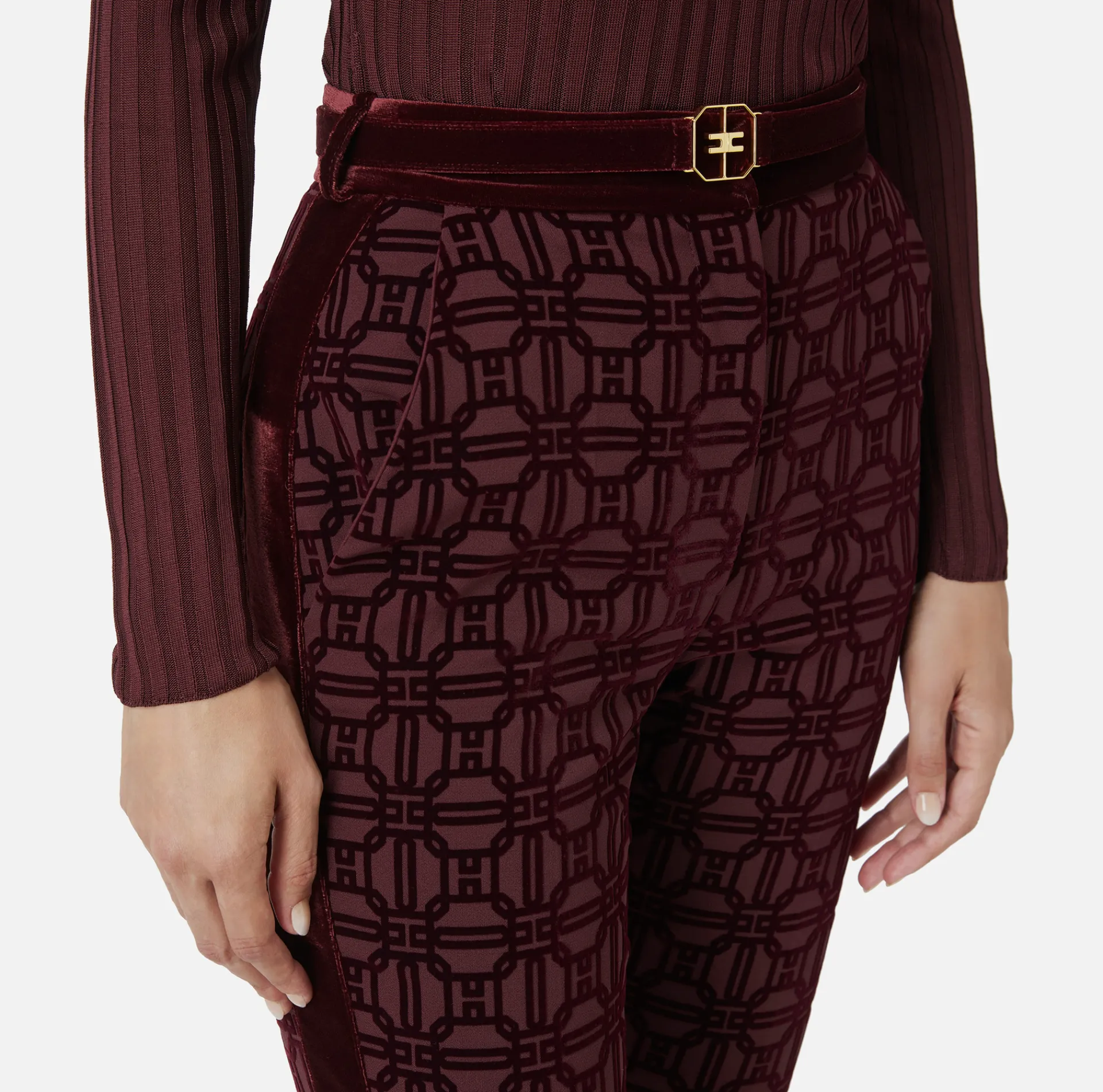 Elisabetta Franchi Trousers And Shorts|Tailleur|Straight trousers in flock crêpe fabric with belt RougeNoir