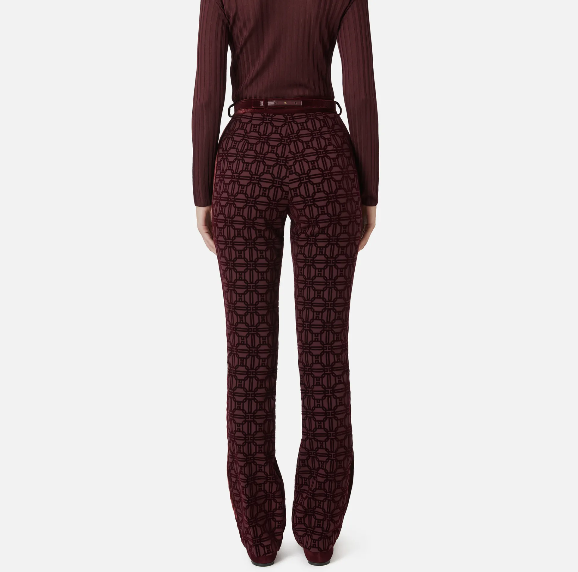 Elisabetta Franchi Trousers And Shorts|Tailleur|Straight trousers in flock crêpe fabric with belt RougeNoir