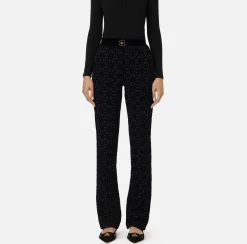 Elisabetta Franchi Trousers And Shorts|Tailleur|Straight trousers in flock crêpe fabric with belt Black