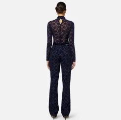 Elisabetta Franchi Trousers And Shorts|Tailleur|Straight trousers in flock crêpe fabric with belt Navy