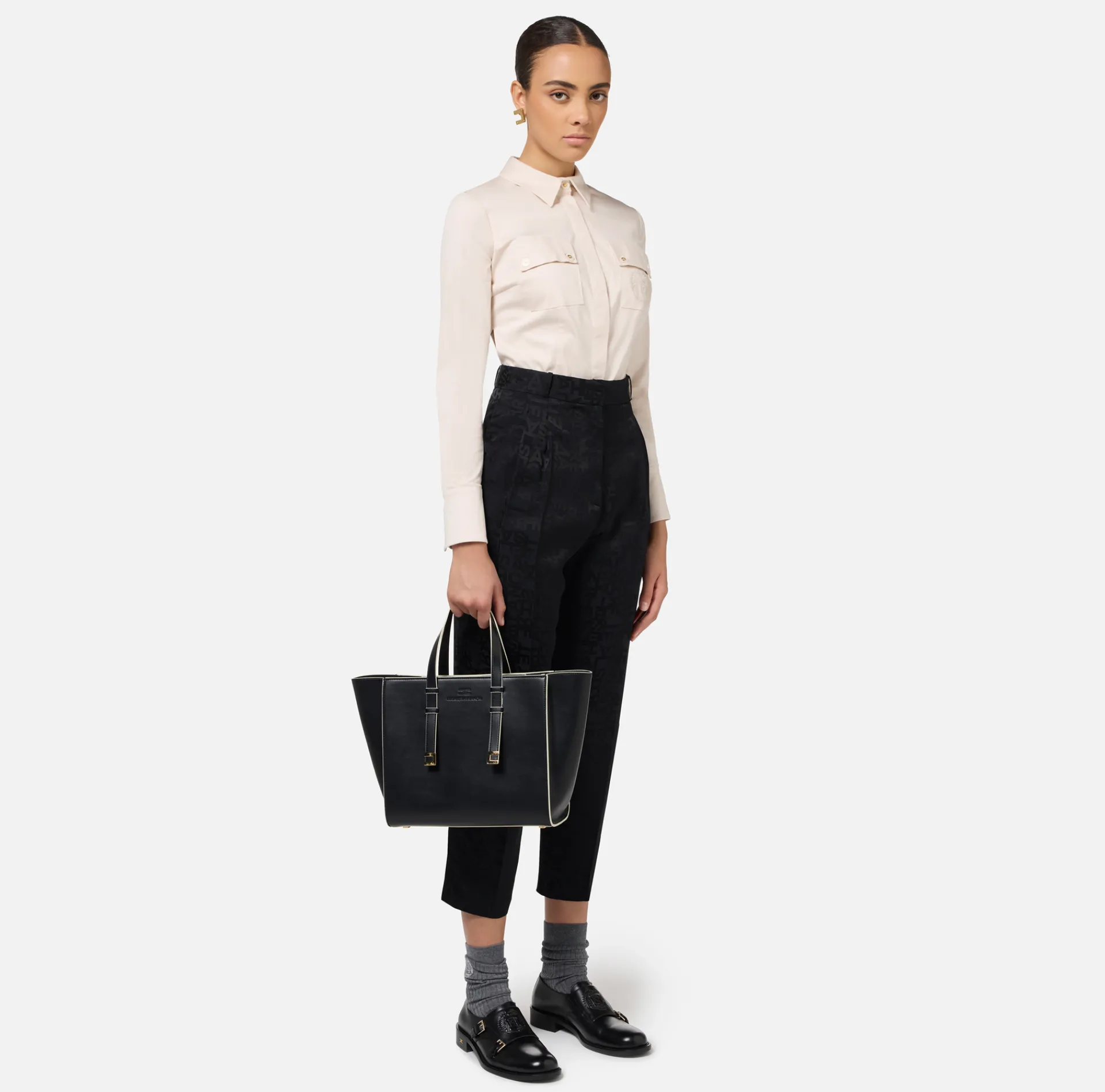 Elisabetta Franchi Trousers And Shorts|Tailleur|Straight trousers in jacquard crêpe fabric with lettering Black