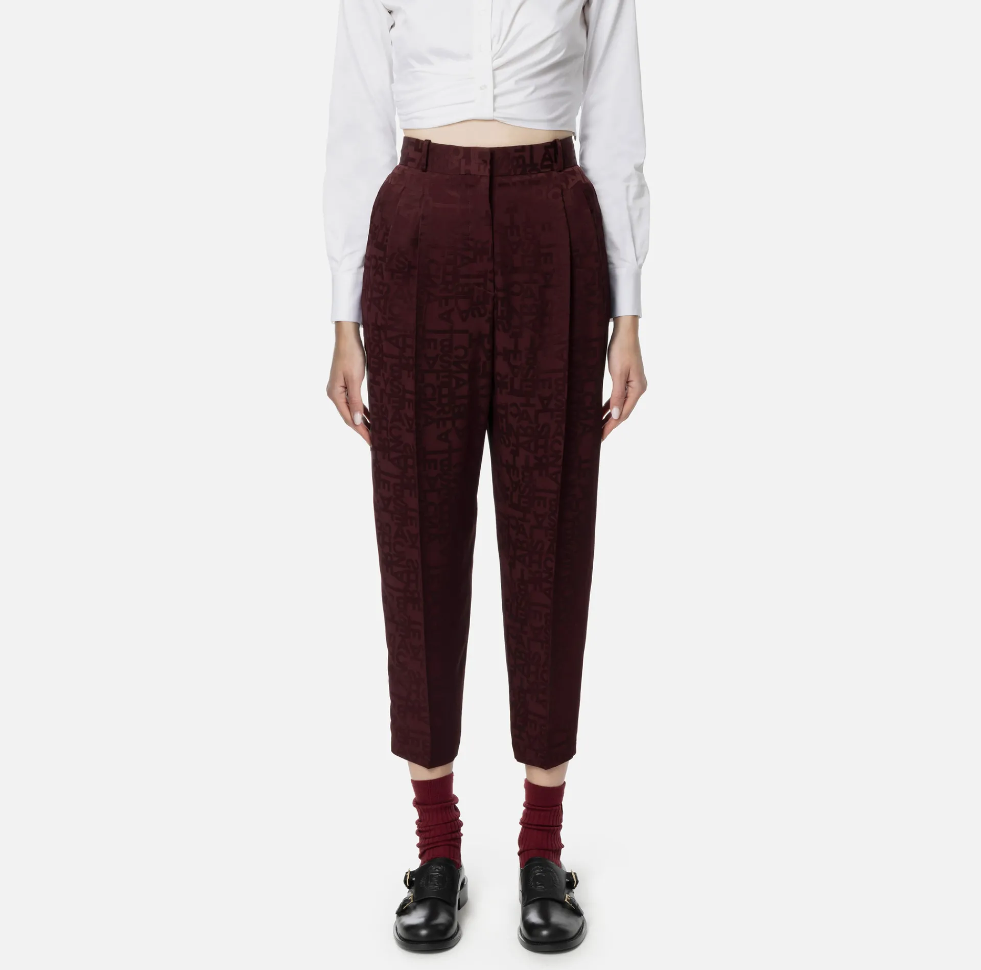 Elisabetta Franchi Trousers And Shorts|Tailleur|Straight trousers in jacquard crêpe fabric with lettering RougeNoir