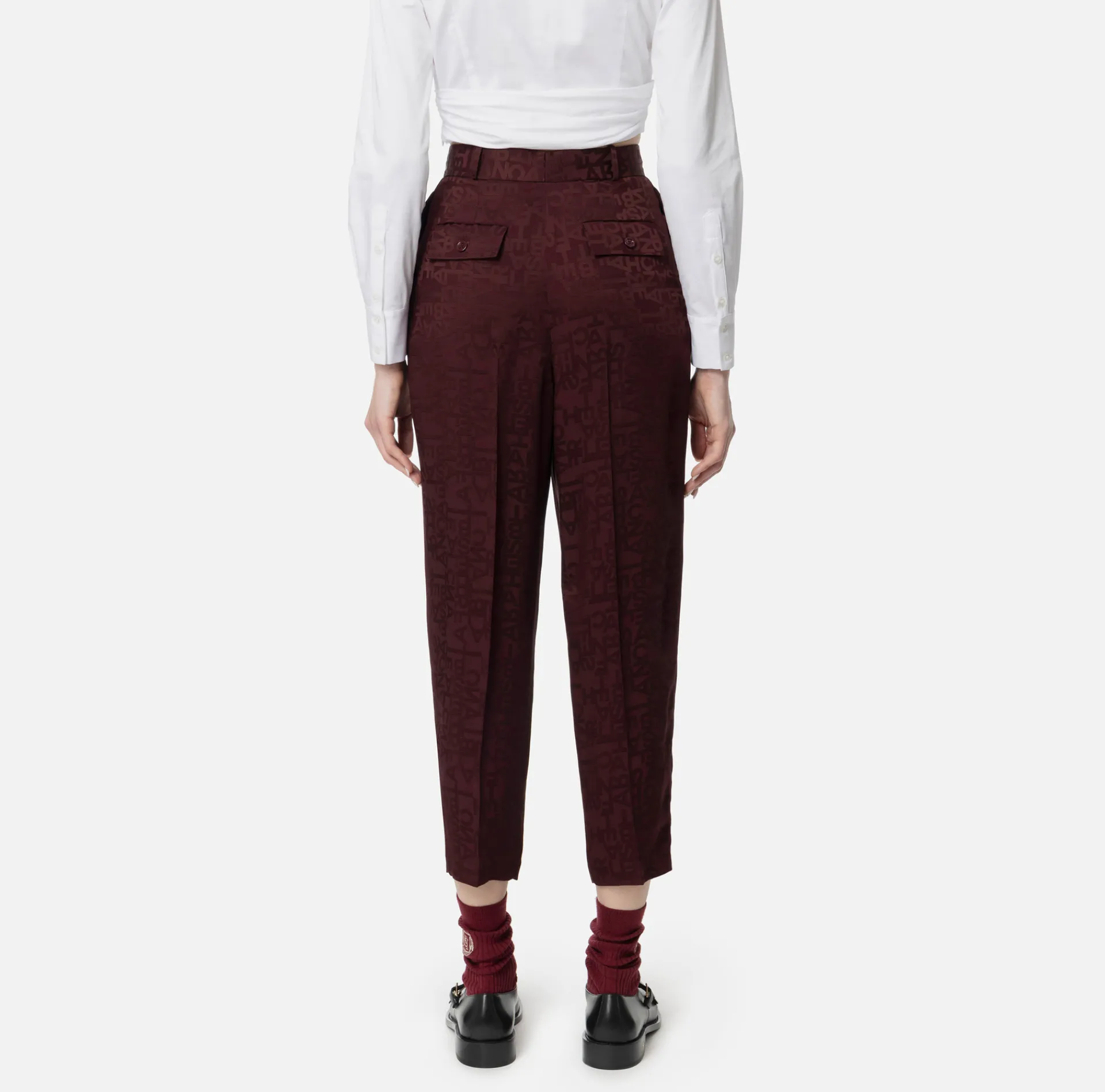 Elisabetta Franchi Trousers And Shorts|Tailleur|Straight trousers in jacquard crêpe fabric with lettering RougeNoir