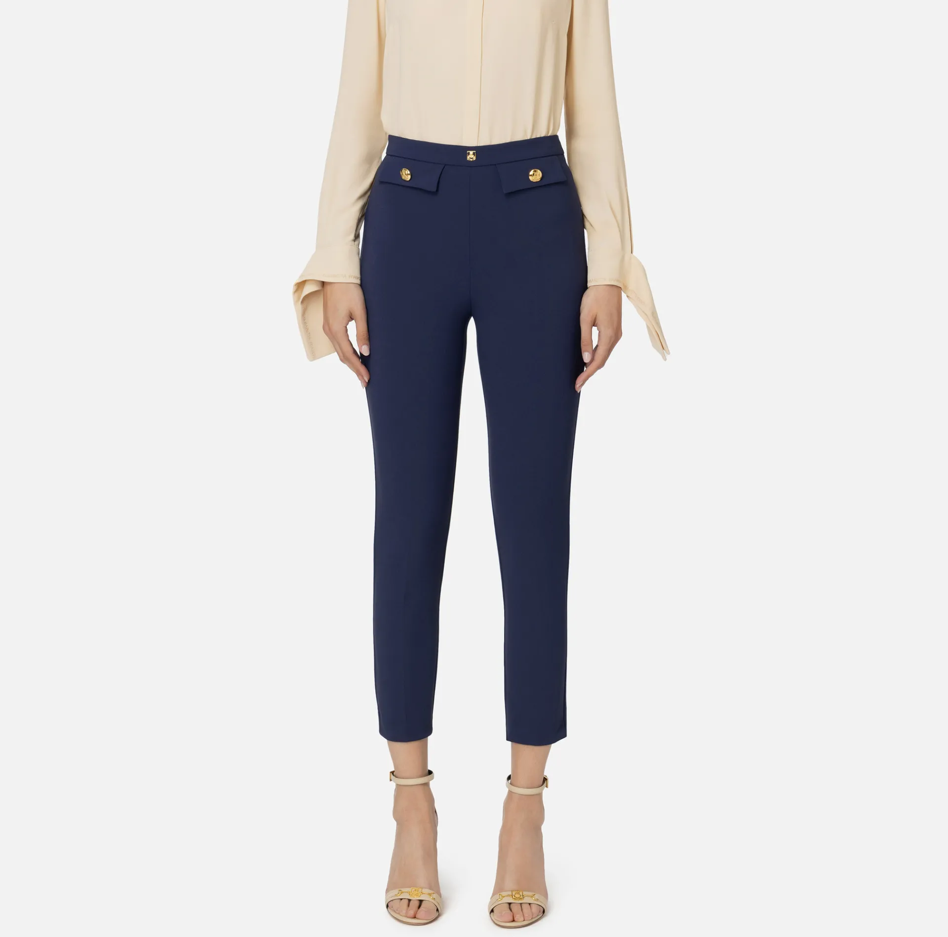 Elisabetta Franchi Trousers And Shorts|Tailleur|Straight trousers in stretch crêpe fabric with logo rivet Navy