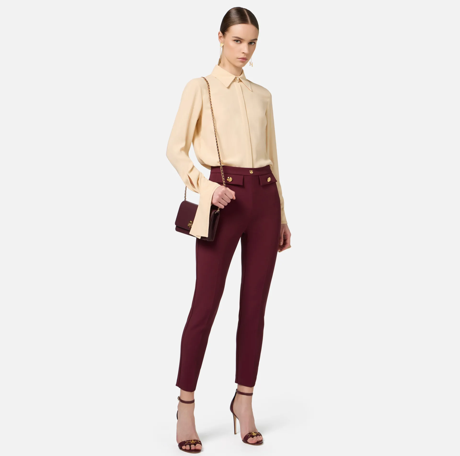 Elisabetta Franchi Trousers And Shorts|Tailleur|Straight trousers in stretch crêpe fabric with logo rivet RougeNoir