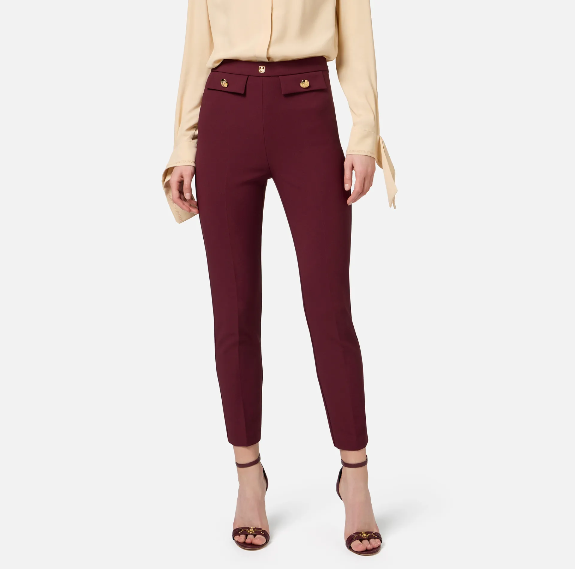 Elisabetta Franchi Trousers And Shorts|Tailleur|Straight trousers in stretch crêpe fabric with logo rivet RougeNoir