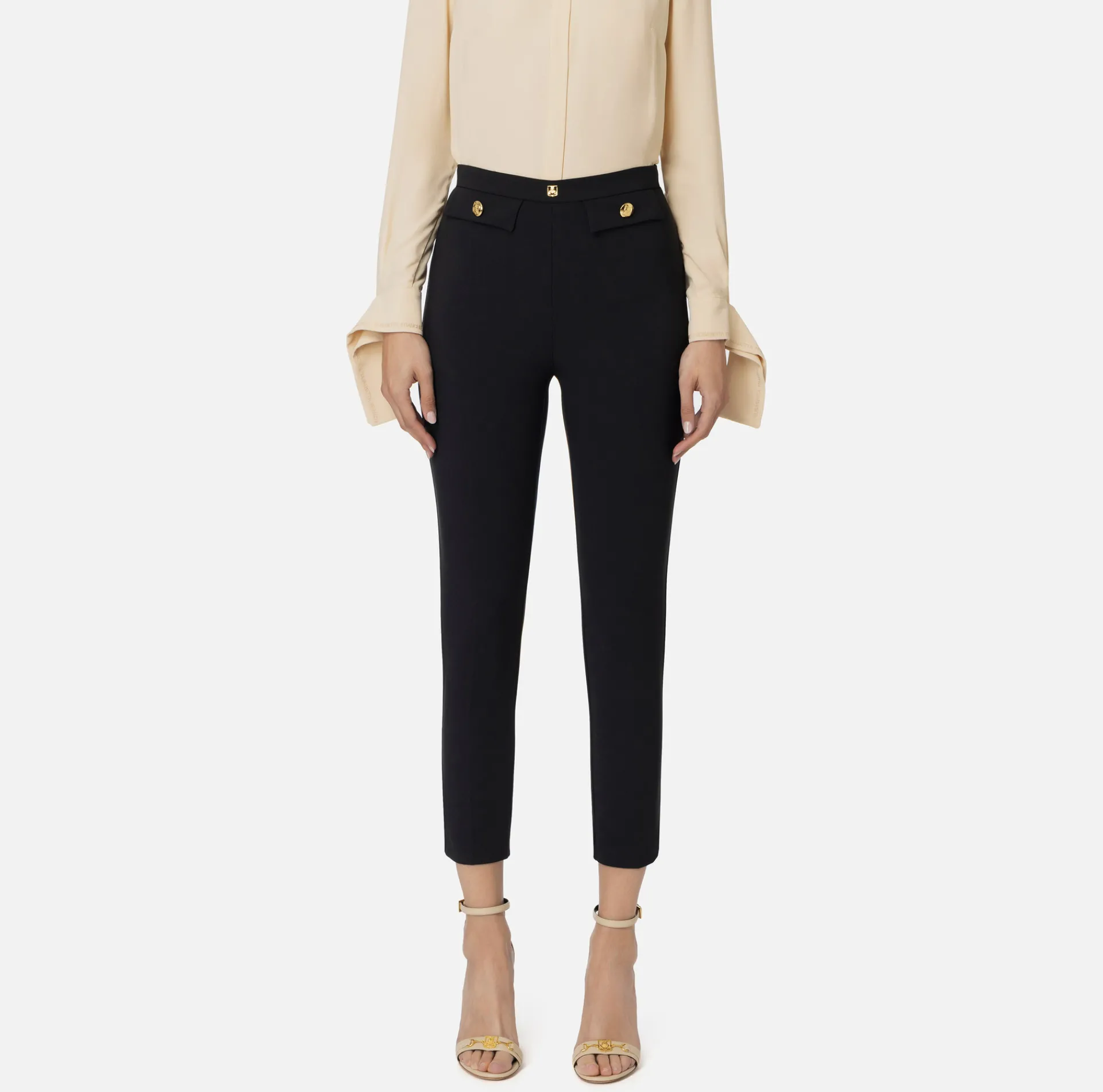 Elisabetta Franchi Trousers And Shorts|Tailleur|Straight trousers in stretch crêpe fabric with logo rivet Black