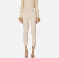 Elisabetta Franchi Trousers And Shorts|Tailleur|Straight trousers in stretch crêpe fabric with logo rivet Cream
