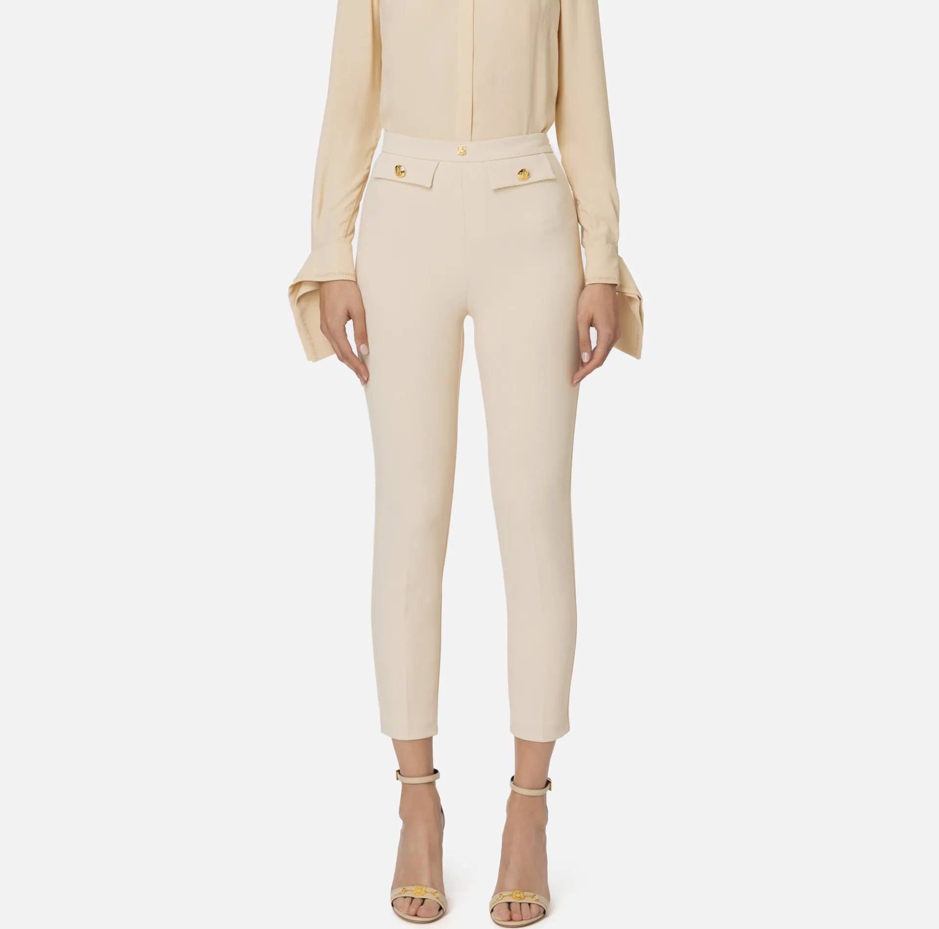 Elisabetta Franchi Trousers And Shorts|Tailleur|Straight trousers in stretch crêpe fabric with logo rivet Cream