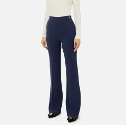 Elisabetta Franchi Trousers And Shorts|Tailleur|Straight trousers in stretch crêpe fabric with logo rivet Navy