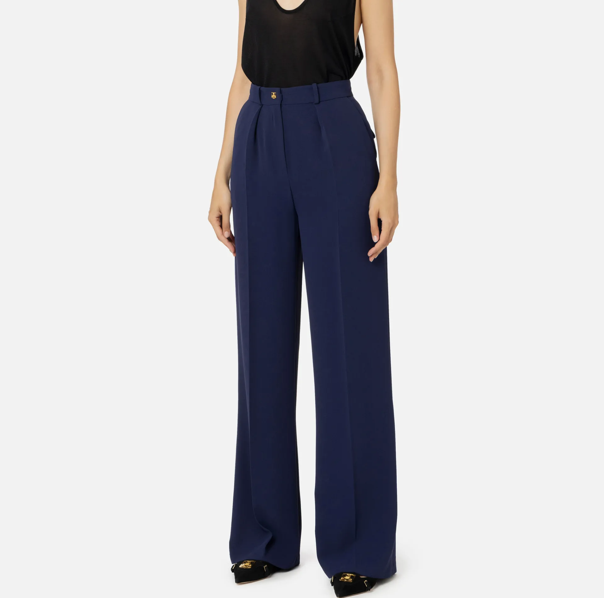 Elisabetta Franchi Trousers And Shorts|Straight trousers in woven crêpe fabric with emblem rivet Navy