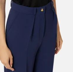 Elisabetta Franchi Trousers And Shorts|Straight trousers in woven crêpe fabric with emblem rivet Navy