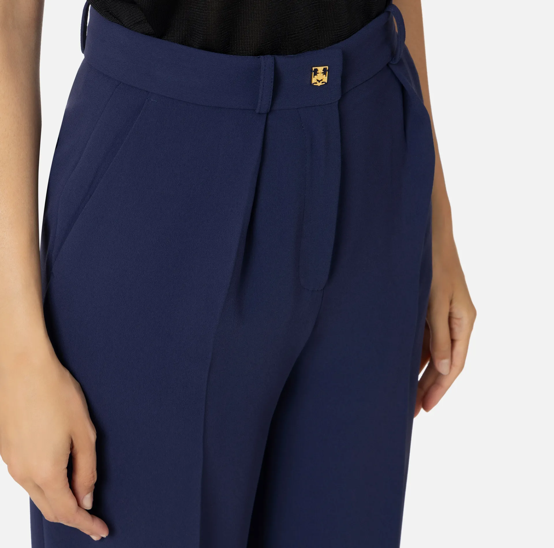 Elisabetta Franchi Trousers And Shorts|Straight trousers in woven crêpe fabric with emblem rivet Navy
