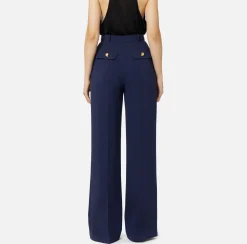 Elisabetta Franchi Trousers And Shorts|Straight trousers in woven crêpe fabric with emblem rivet Navy