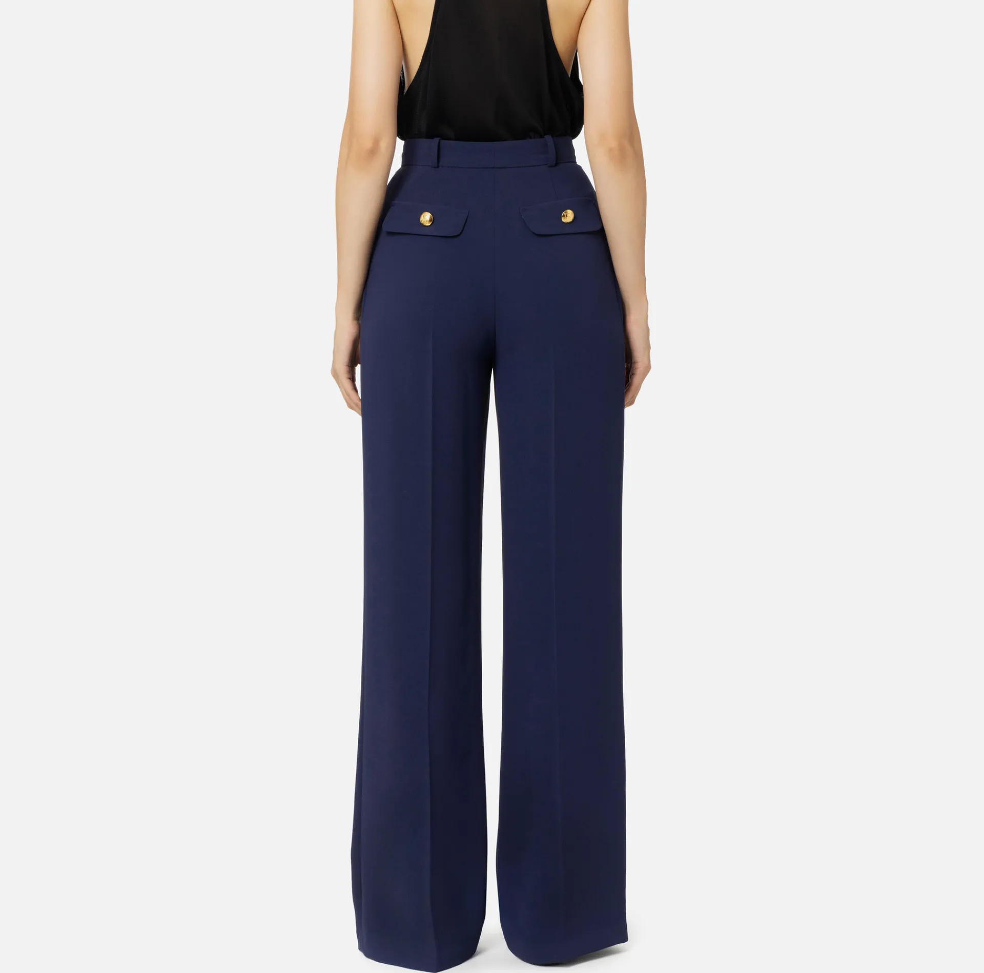Elisabetta Franchi Trousers And Shorts|Straight trousers in woven crêpe fabric with emblem rivet Navy