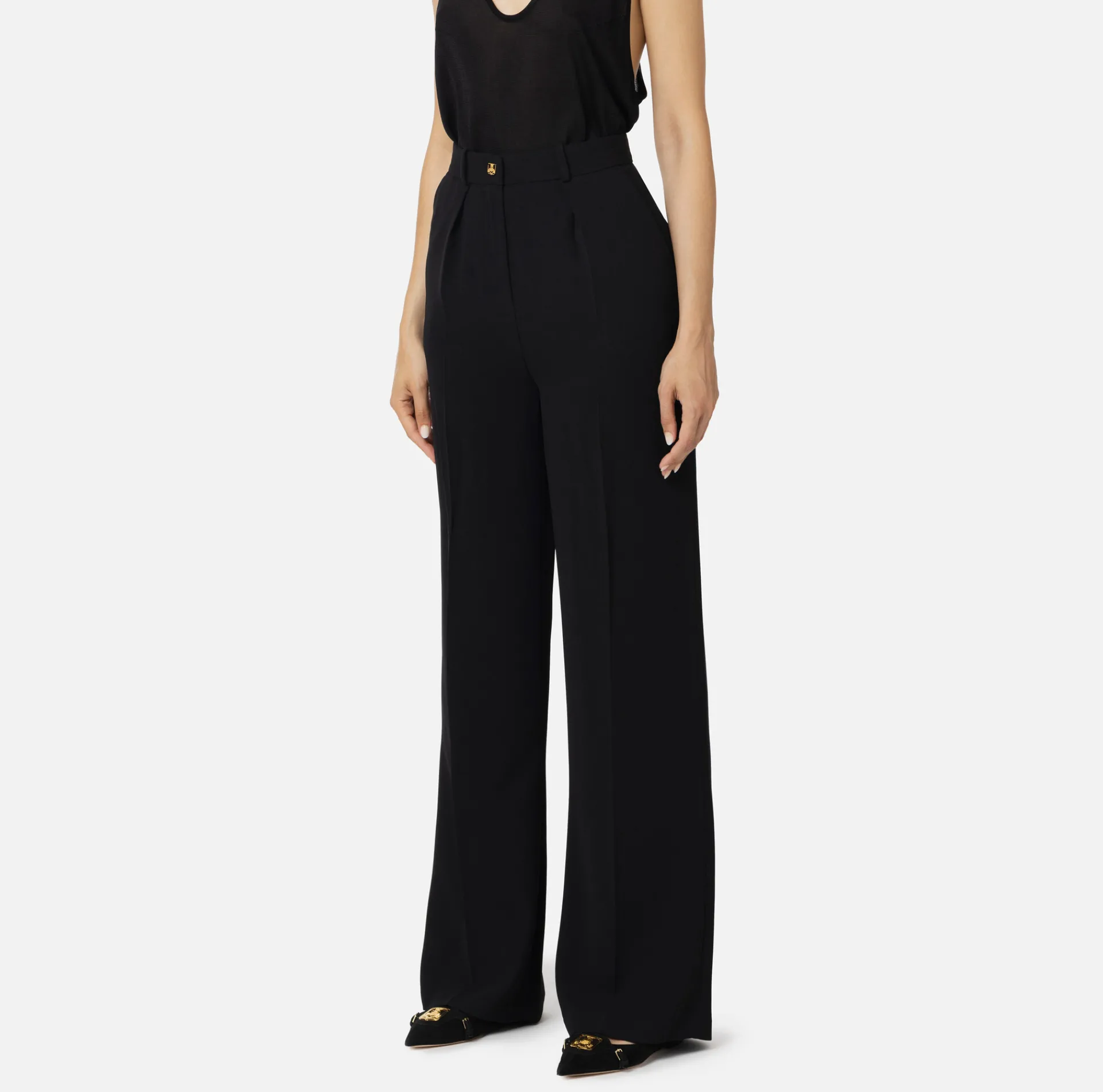 Elisabetta Franchi Trousers And Shorts|Straight trousers in woven crêpe fabric with emblem rivet Black