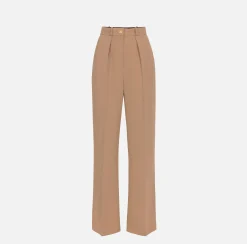 Elisabetta Franchi Trousers And Shorts|Straight trousers in woven crêpe fabric with emblem rivet Camel