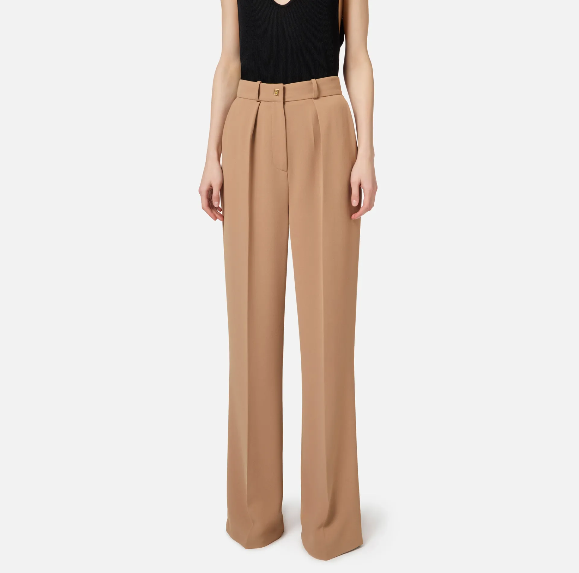 Elisabetta Franchi Trousers And Shorts|Straight trousers in woven crêpe fabric with emblem rivet Camel