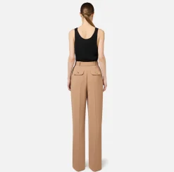 Elisabetta Franchi Trousers And Shorts|Straight trousers in woven crêpe fabric with emblem rivet Camel