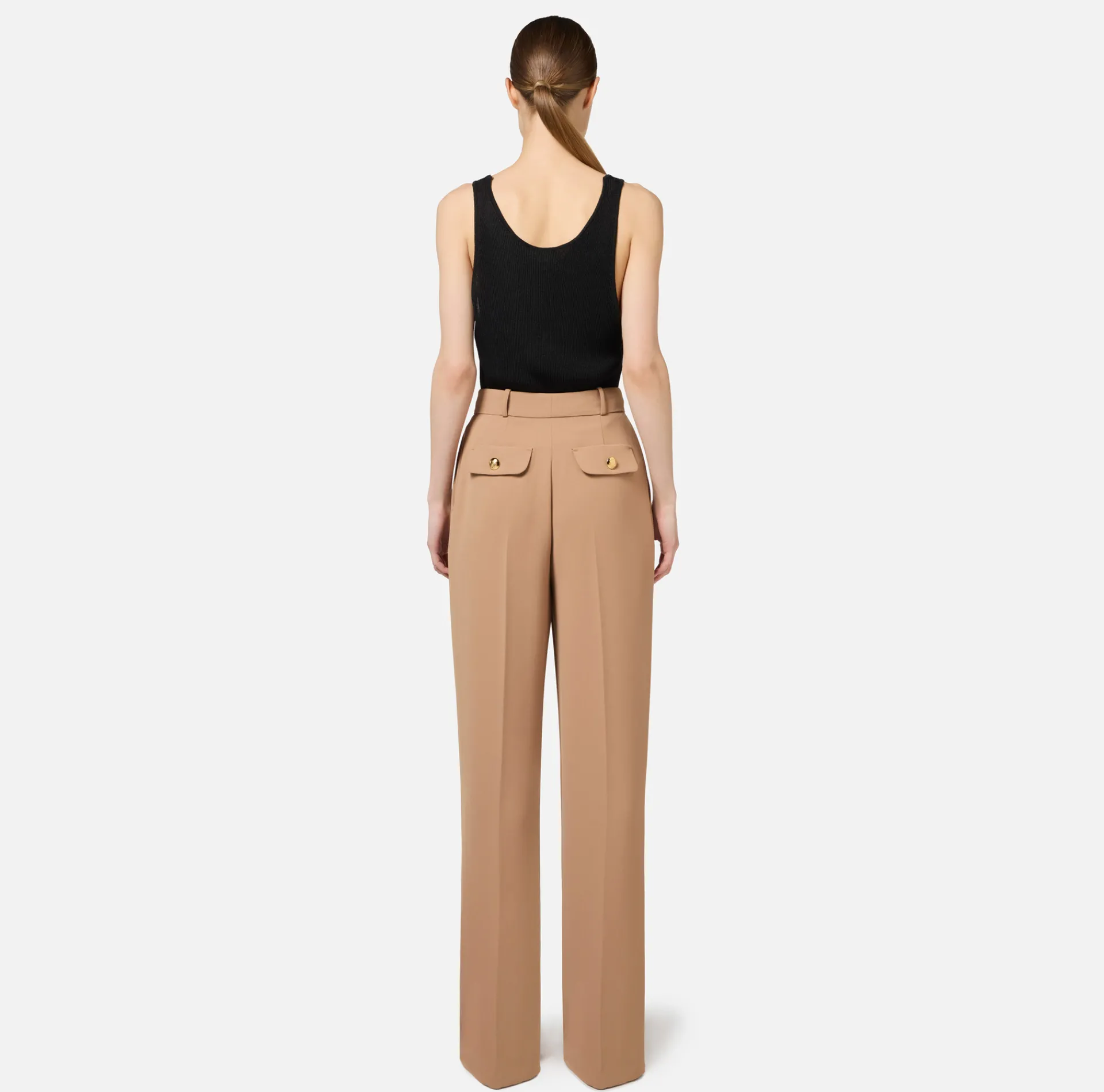Elisabetta Franchi Trousers And Shorts|Straight trousers in woven crêpe fabric with emblem rivet Camel