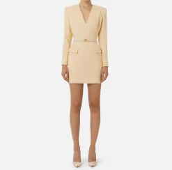 Elisabetta Franchi Mini Dresses|Dresses|Stretch cool wool mini-dress with belt Cream