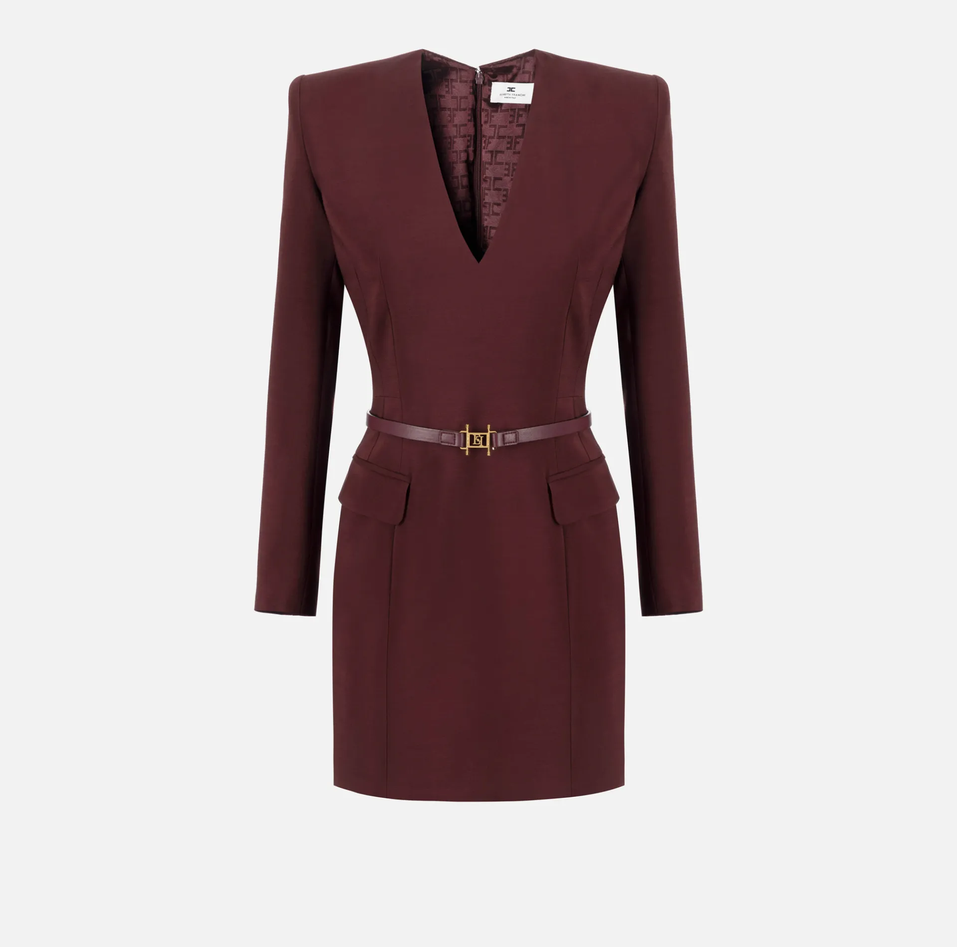Elisabetta Franchi Mini Dresses|Dresses|Stretch cool wool mini-dress with belt RougeNoir