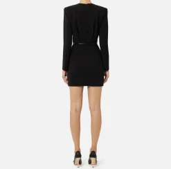 Elisabetta Franchi Mini Dresses|Dresses|Stretch cool wool mini-dress with belt Black