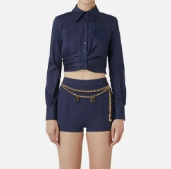 Elisabetta Franchi Shirts And Blouses|Stretch cropped poplin shirt with draping Navy