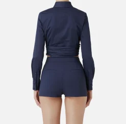 Elisabetta Franchi Shirts And Blouses|Stretch cropped poplin shirt with draping Navy