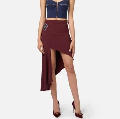 Elisabetta Franchi Skirts|Stretch crêpe asymmetric skirt with bands and logo embroidery Gold