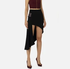 Elisabetta Franchi Skirts|Stretch crêpe asymmetric skirt with bands and logo embroidery Black/Butter