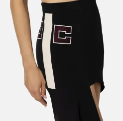 Elisabetta Franchi Skirts|Stretch crêpe asymmetric skirt with bands and logo embroidery Black/Butter