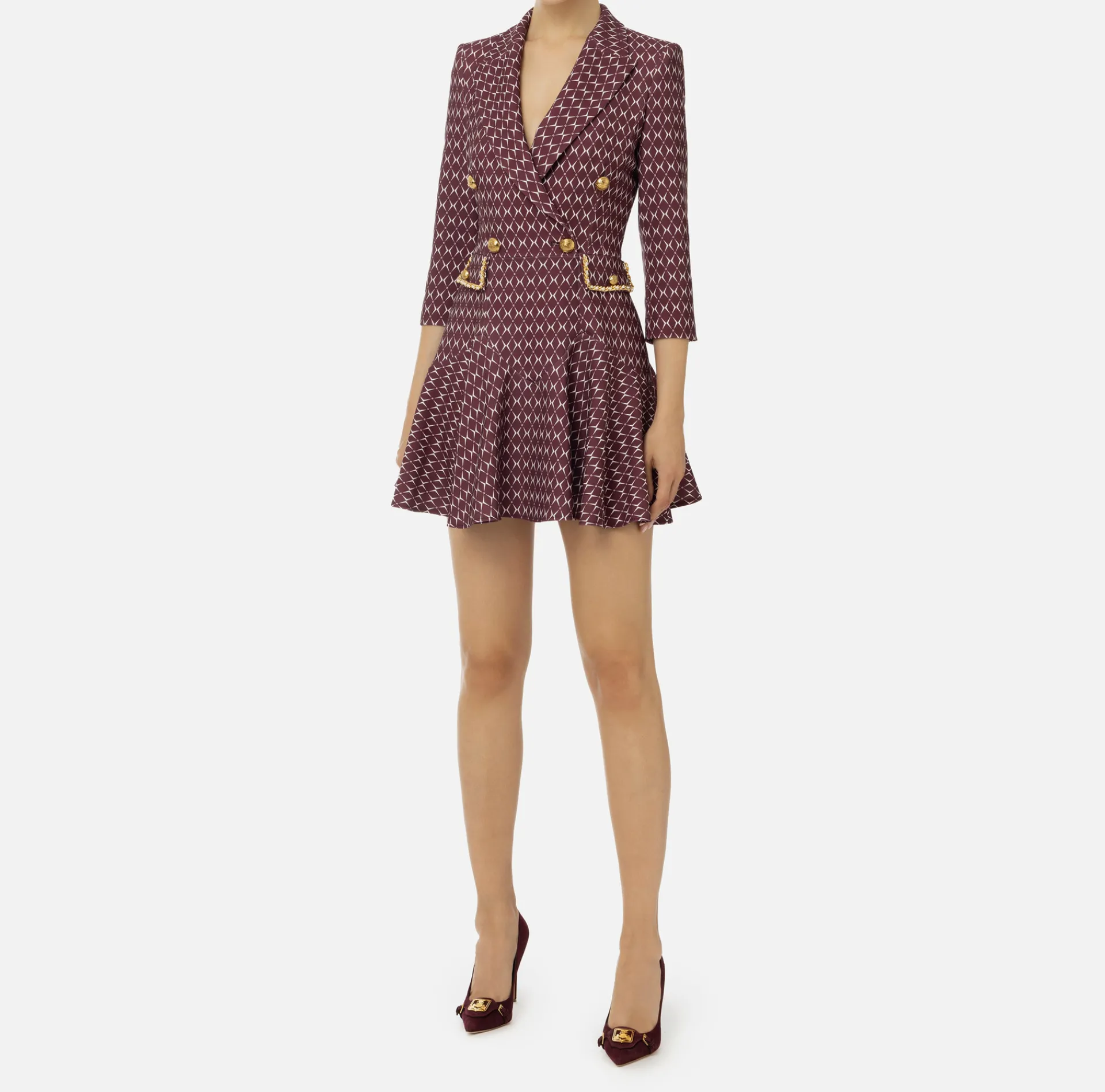 Elisabetta Franchi Mini Dresses|Coat Dresses|Stretch crêpe coat dress with diamond print and chain RougeNoir/Butter