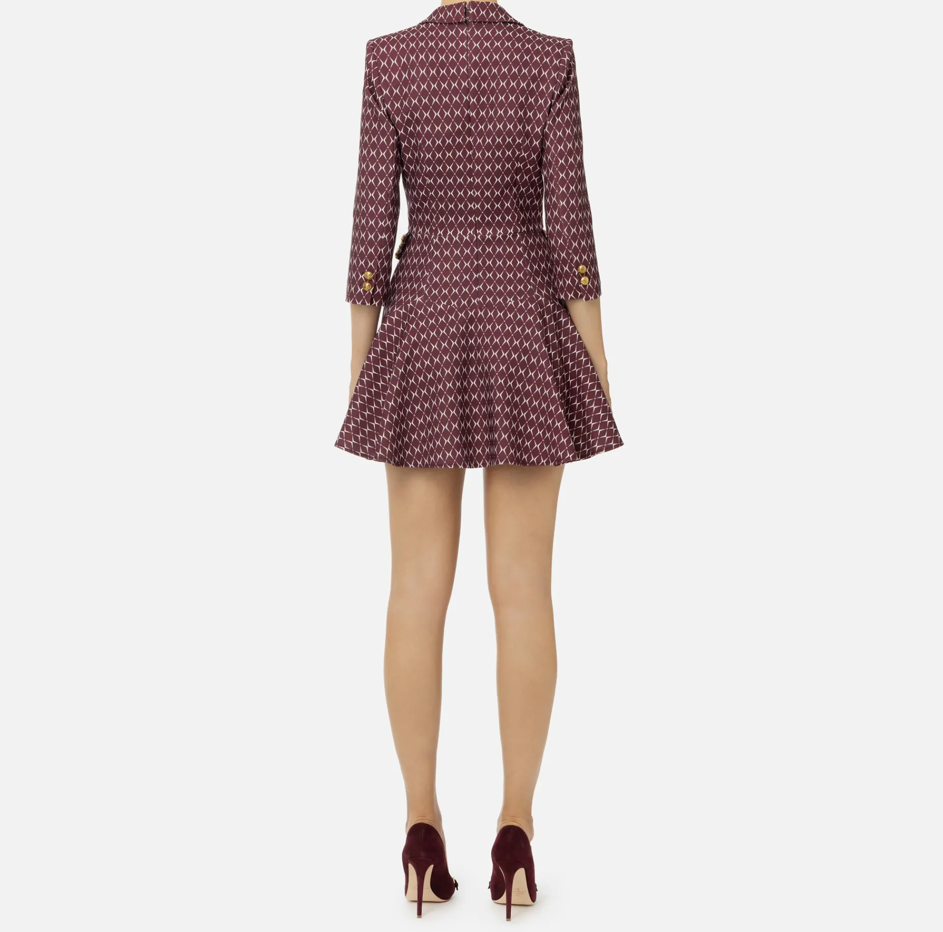 Elisabetta Franchi Mini Dresses|Coat Dresses|Stretch crêpe coat dress with diamond print and chain RougeNoir/Butter