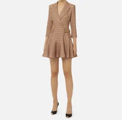 Elisabetta Franchi Mini Dresses|Coat Dresses|Stretch crêpe coat dress with diamond print and chain Camel/Black