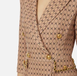 Elisabetta Franchi Mini Dresses|Coat Dresses|Stretch crêpe coat dress with diamond print and chain Camel/Black