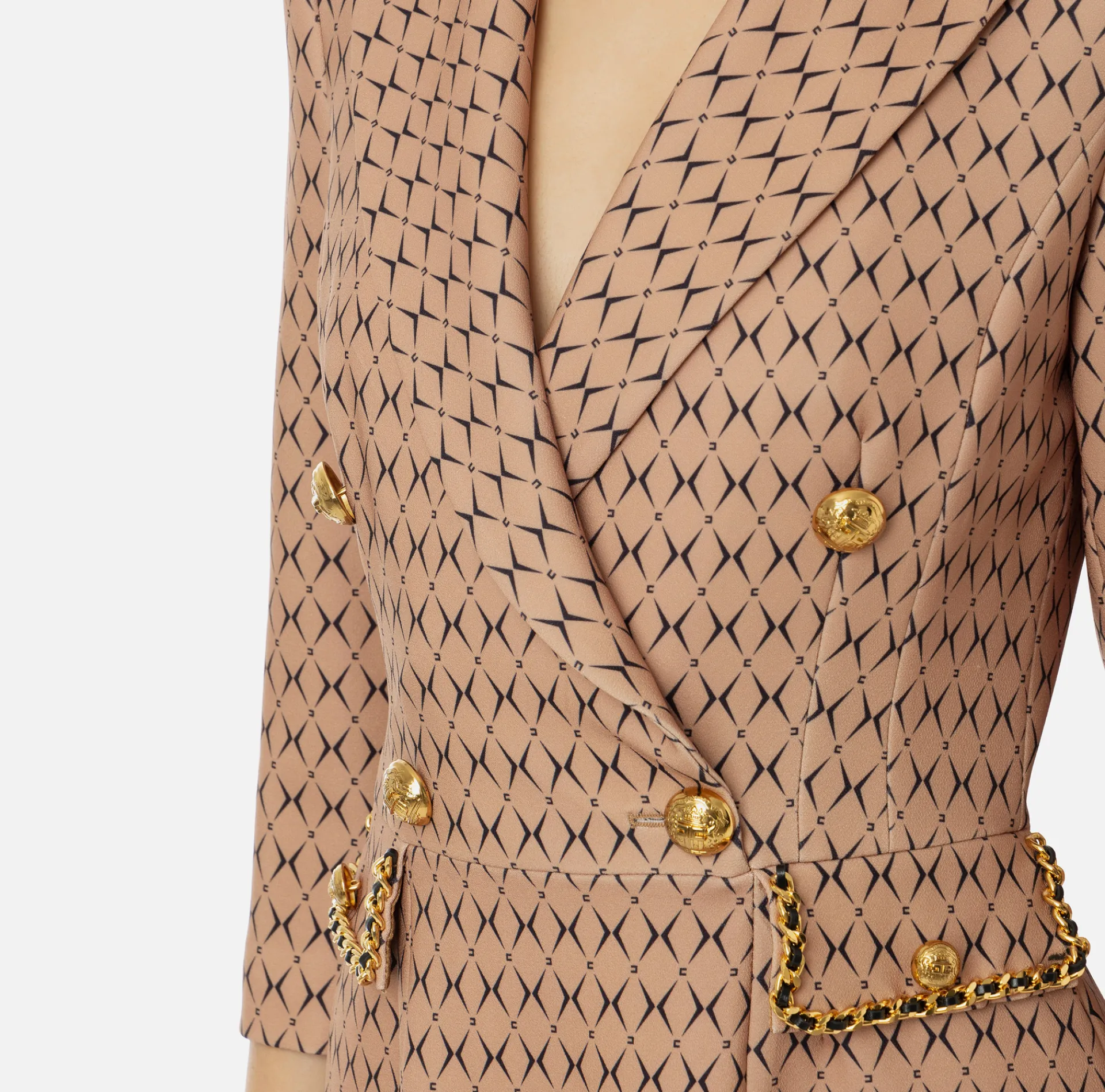 Elisabetta Franchi Mini Dresses|Coat Dresses|Stretch crêpe coat dress with diamond print and chain Camel/Black