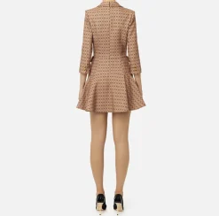 Elisabetta Franchi Mini Dresses|Coat Dresses|Stretch crêpe coat dress with diamond print and chain Camel/Black