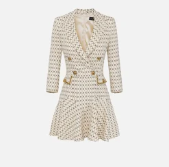 Elisabetta Franchi Mini Dresses|Coat Dresses|Stretch crêpe coat dress with diamond print and chain Butter/Black