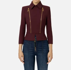 Elisabetta Franchi Jackets And Trench Coats|Tailleur|Stretch crêpe jacket with peplum and zip RougeNoir